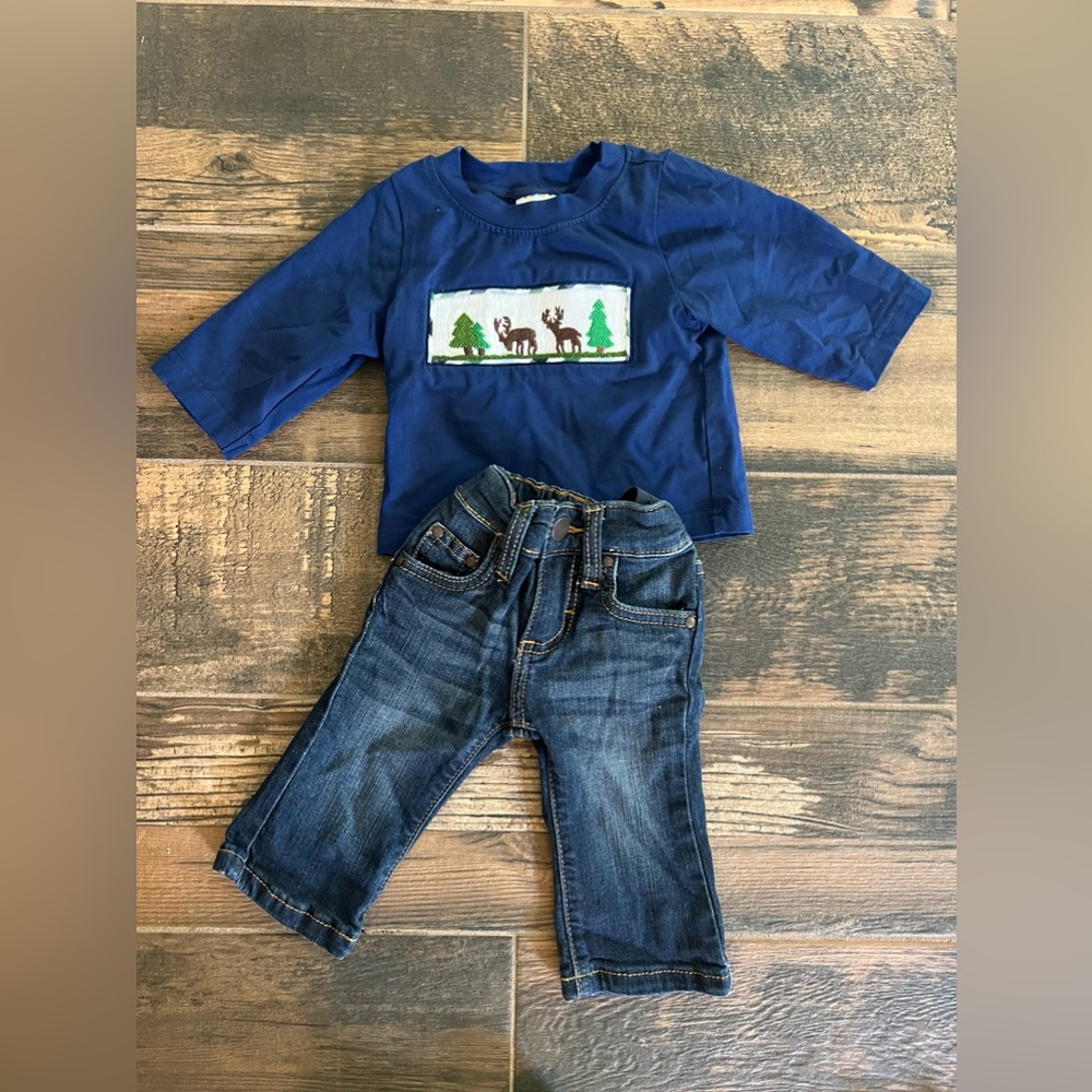3/6m Busy Bee Smocks Embroidered Shirt with Wrangler Jeans